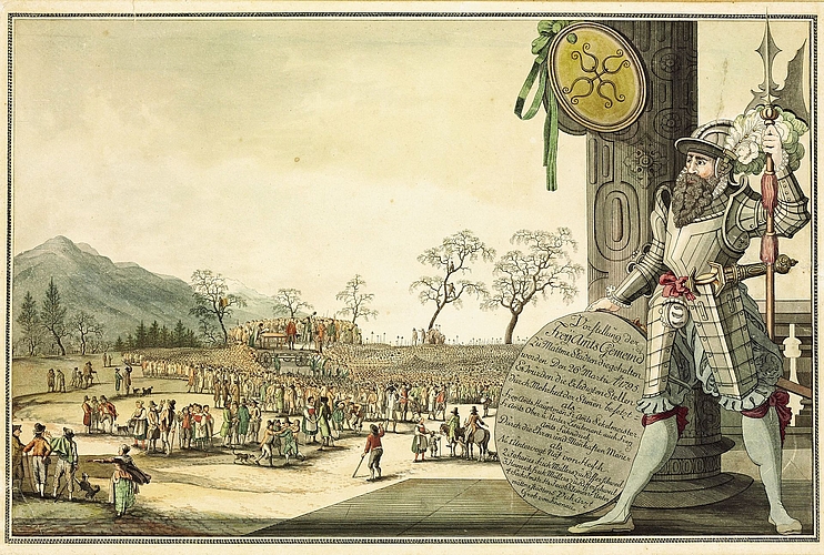 Zeitgenössische Darstellung der Freiamtsgemeinde in Mettmenstetten von 1795 von Johann Jakob Aschmann. Mit einer pragmatischen Haltung konnten die Männer der Landvogtei Knonau einen Krieg mit der Zürcher Herrschaft verhindern. Sie verfügten zwar Zeitgenössische Darstellung der Freiamtsgemeinde in Mettmenstetten von 1795 von Johann Jakob Aschmann. Mit einer pragmatischen Haltung konnten die Männer der Landvogtei Knonau einen Krieg mit der Zürcher Herrschaft verhindern. Sie verfügten zwar über gewisse Rechte, aber ihre Freiheit ging nur so weit, wie Zürich akzeptierte. (Bild Sammlung Landesmuseum LM-61494)