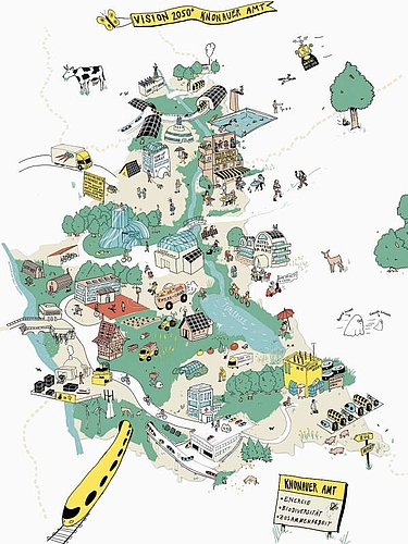 Das visuelle Ergebnis des Workshops: Eine Zeichnung, in der alle Ideen bunt nebeneinander Aufnahme gefunden haben. (Illustration Balz Schlegel)