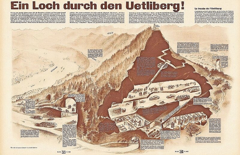 ob diese Zeichnung die Physiker dazu angeregt haben könnte, im Üetliberg einen Atomreaktor zu planen. (Bild Zürcher Illustrierte/elektronisches Archiv der ETH Zürich/www.e-periodica.ch)
