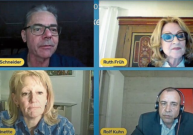 Online-Podium vor der Bezirksratswahl vom 7. März: Die drei Kandidierenden mit Moderator Bernhard Schneider. (Screenshot)