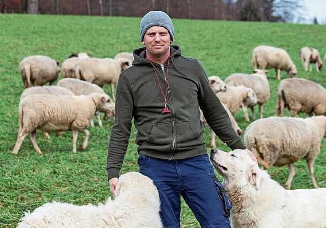 Schafzüchter Marcel Frei mit seinen beiden Herdenschutzhunden. (Bild Mathias Förster)