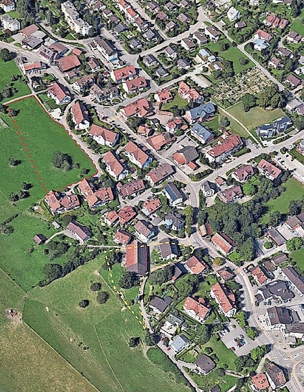 Der Wettswiler Dorfkern ums Gemeindehaus. Auf der rot markierten Parzelle sind Neubauten und auf der kleineren, gelben Parzelle Ersatzneubauten mit erhöhten Anforderungen geplant. (Bild zvg.)