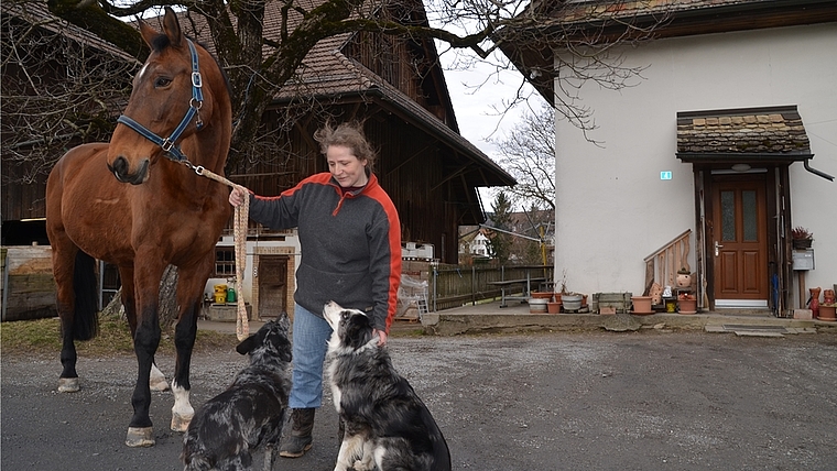 Seit Jahrzehnten sind Elvira Weber (hier mit Stute Doja und den Hunden Gipsj (links) und Obelix) und ihre Familie hier zu Hause. Nun hat die Stadt Zürich einen Käufer fürs Wohnhaus samt Scheune und Waschhaus (verdeckt). (Bild Thomas Stöckli)