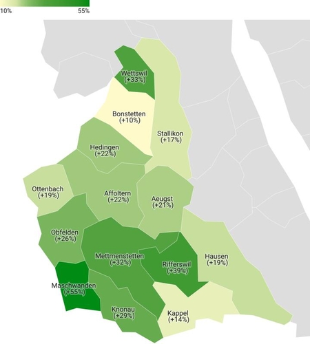 Erwartete Zuwachsraten der Bevölkerungszahl bis 2040 in den Gemeinden gemäss dem teilrevidierten regionalen Richtplan. (Grafik Dominik Stierli/Datawrapper)