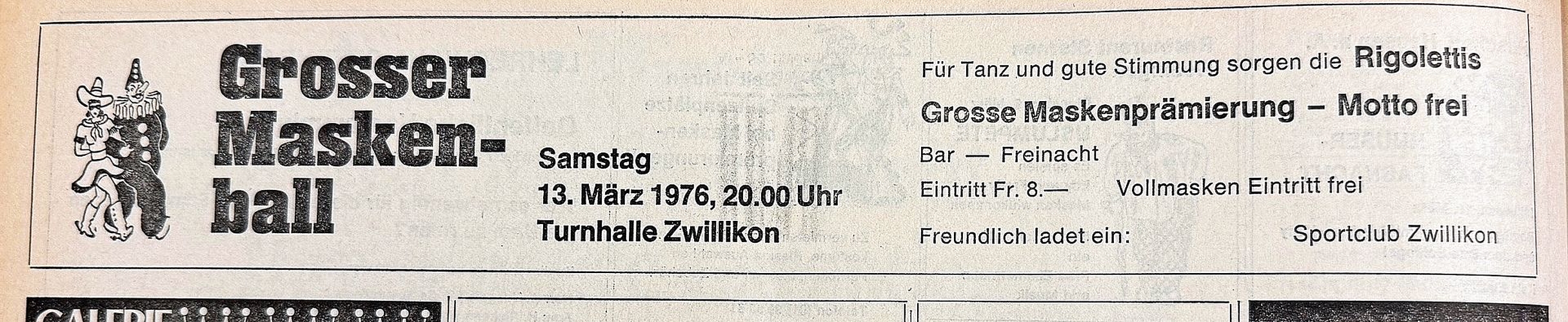 Mit dem Inserat wurde 1976 der erste Maskenball vom Sportclub Zwillikon beworben. (Bild Archiv «Anzeiger») Mit dem Inserat wurde 1976 der erste Maskenball vom Sportclub Zwillikon beworben. (Bild Archiv «Anzeiger»)