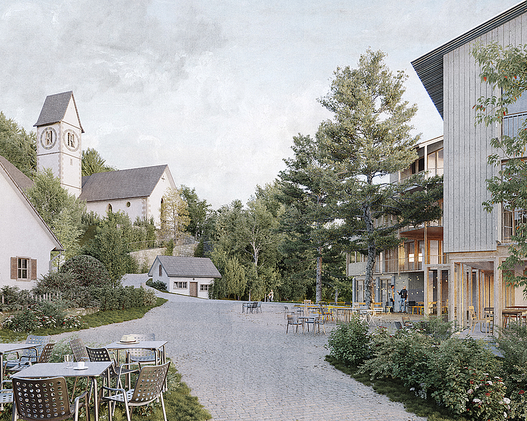 Gemütlicher Treffpunkt: So könnte das neue Dorfzentrum von Stallikon eines Tages aussehen. (Bild Solanellas Van Noten Meister / Dom Images)