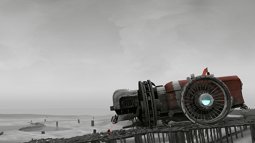 Das Mädchen Lone macht sich in «FAR: Lone Sails» mit einer Steampunk-Lokomotive auf, um in einer zerstörten Endzeitwelt Leben zu finden. <em>(Bilder Salomon Schneider)</em>