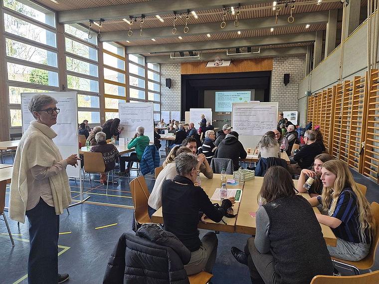 Reger Austausch unter drei Generationen über Maschwandens Zukunft im Rahmen einer Grossgruppenkonferenz – mithilfe externer Fachberatung. Links Esther Maurer vom Büro Avventuris. (Bild Werner Schneiter)
