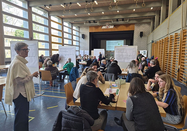 Reger Austausch unter drei Generationen über Maschwandens Zukunft im Rahmen einer Grossgruppenkonferenz – mithilfe externer Fachberatung. Links Esther Maurer vom Büro Avventuris.  (Bild Werner Schneiter)