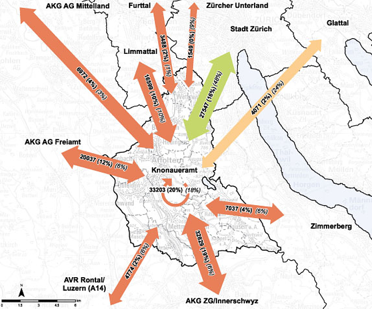 Auf dieser Grafik sind sämtliche Personenwege im ÖV und motorisierten Individualverkehr an einem durchschnittlichen Werktag der Region dargestellt, darunter die Pendler, aber auch die Fahrten für die Zwecke Einkaufen und Freizeit. (Bild zvg)