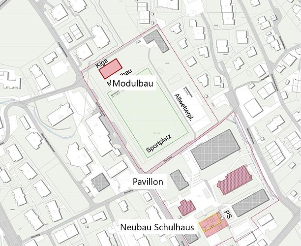 Variante 4 der Schulraumerweiterung in Mettmenstetten: oben der neue Holz-Modulbau, unten rechts der Neubau des Primarschulhauses und 
dazwischen der Pavillon, welcher zu Diskussionen führte. (Bild zvg.)