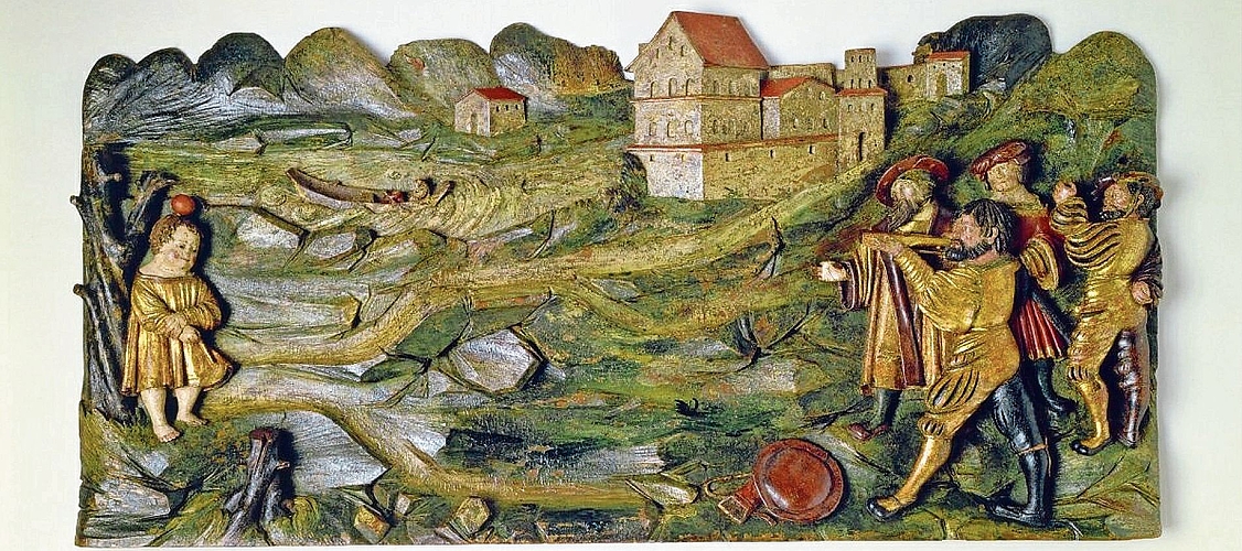 Die älteste bekannte Darstellung von Tells Apfelschuss wird dem Luzerner Hans Küng zugeschrieben und dürfte um 1523 entstanden sein. Gemeinsame Sagen wie diese stärkten das Gemeinschaftsgefühl zwischen den eidgenössischen Orten ebenso wie die A Die älteste bekannte Darstellung von Tells Apfelschuss wird dem Luzerner Hans Küng zugeschrieben und dürfte um 1523 entstanden sein. Gemeinsame Sagen wie diese stärkten das Gemeinschaftsgefühl zwischen den eidgenössischen Orten ebenso wie die Abgrenzung gegen die süddeutschen Landsknechte. Mit Landfriedensverträgen sicherten sie ihre Herrschaft gegenseitig ab. (Bild Sammlung Landesmuseum DEP-2448)