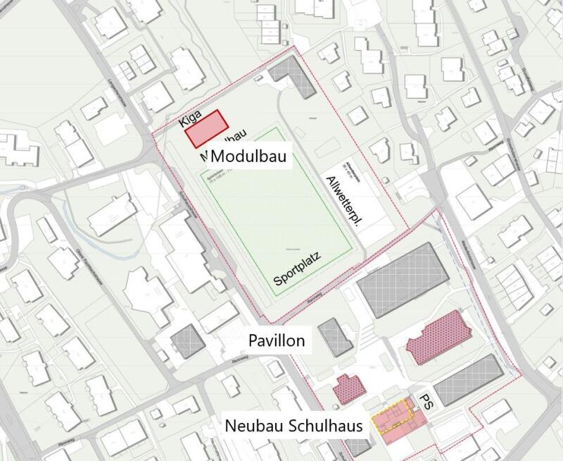 Variante 4 der Schulraumerweiterung in Mettmenstetten: oben der neue Holz-Modulbau, unten rechts der Neubau des Primarschulhauses und 
dazwischen der Pavillon, welcher zu Diskussionen führte. (Bild zvg.)