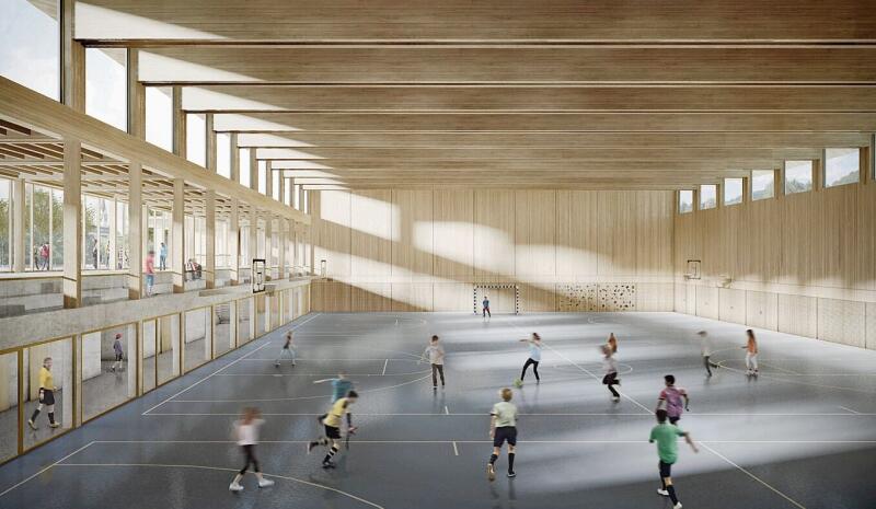 Geprägt von Holz und Glas: So könnte die neue Dreifach-Turnhalle in Hausen aussehen. Mit dem 21,8-Millionen-Bauwerk werden auch Räume zur Kinderbetreuung geschaffen. (Visualisierung TGS Bauökonomen AG)