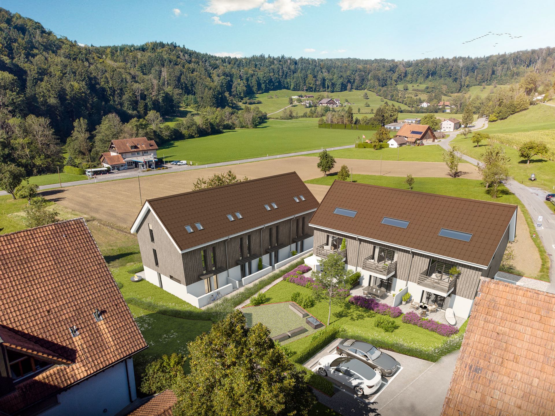 Im Weiler Gamlikon, welcher zu Stallikon gehört, entstehen aktuell zwei neue Gebäude mit Eigentumswohnungen. (Visualisierung Lang & Partner Immobilien AG)