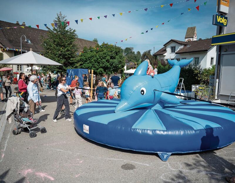 Dieser Delfin dürfte die meisten an einen Stier erinnern, nur wird dieser von den Menschen rundherum gesteuert. Gesehen in Rifferswil.