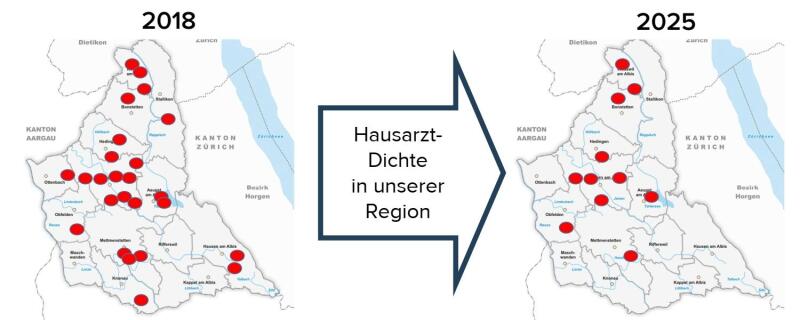 Eine Erhebung von 2018 prognostizierte einen deutlichen Rückgang an Hausarztpraxen im Knonauer Amt. Die aktuellen Praxen sind auf www.albisdocs.ch zu finden. (Grafik: Johannes Bartels / Zahlen: Bruno Köhler)