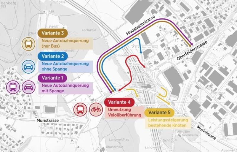 Die fünf geprüften Varianten in der Übersicht. Variante 5 (in Gelb) wird nun weiterverfolgt. (Visualisierung Planungsstudie Amt für Mobilität AFM)