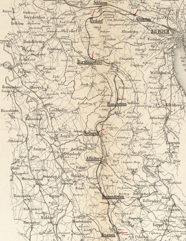 1867 produzierte die NOB einen offiziellen Situationsplan der Zürich-Zug-Luzern-Bahn, hier der Ausschnitt der Bahn von Zürich bis Knonau. Mit roten Pfeilen markiert die Stationen, die mit Ausnahme von Affoltern und Hedingen ziemlich bis sehr weit weg von den Ortschaften liegen. (Bild SBB Historic, PL_148_00034)