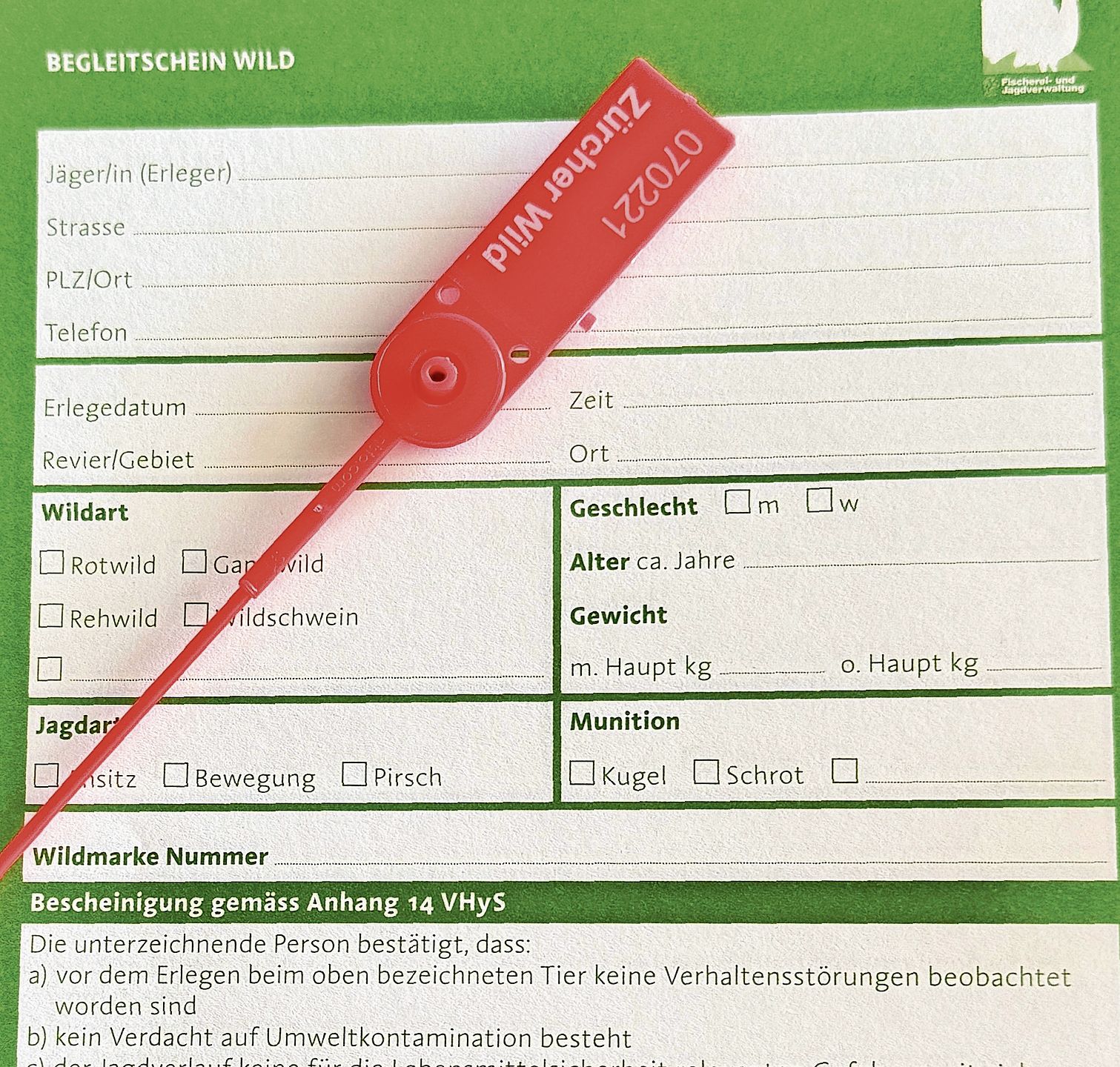 Ein Begleitschein für erlegtes Wild. (Bild zvg)