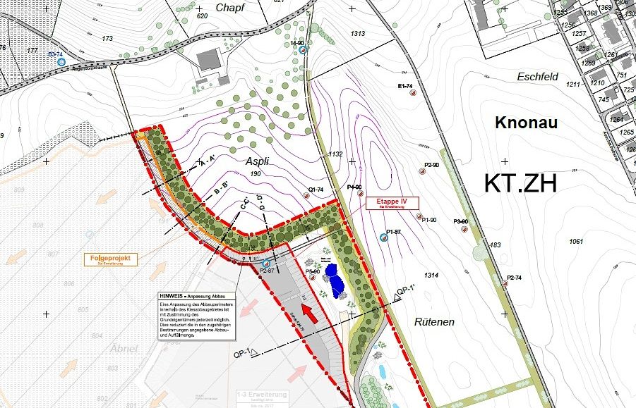 Die Sichtschutzhecke (in Hell- und Dunkelgrün), wie sie im Gestaltungsplan vorgesehen wäre. Nördlich davon (oberhalb der Bezeichnung «Aspli») sind zudem Obstbäume vorgesehen. Laut Risi AG werden diese im Frühjahr 2026 gepflanzt. (Visualisierung Kantonaler Gestaltungsplan 1320/16)