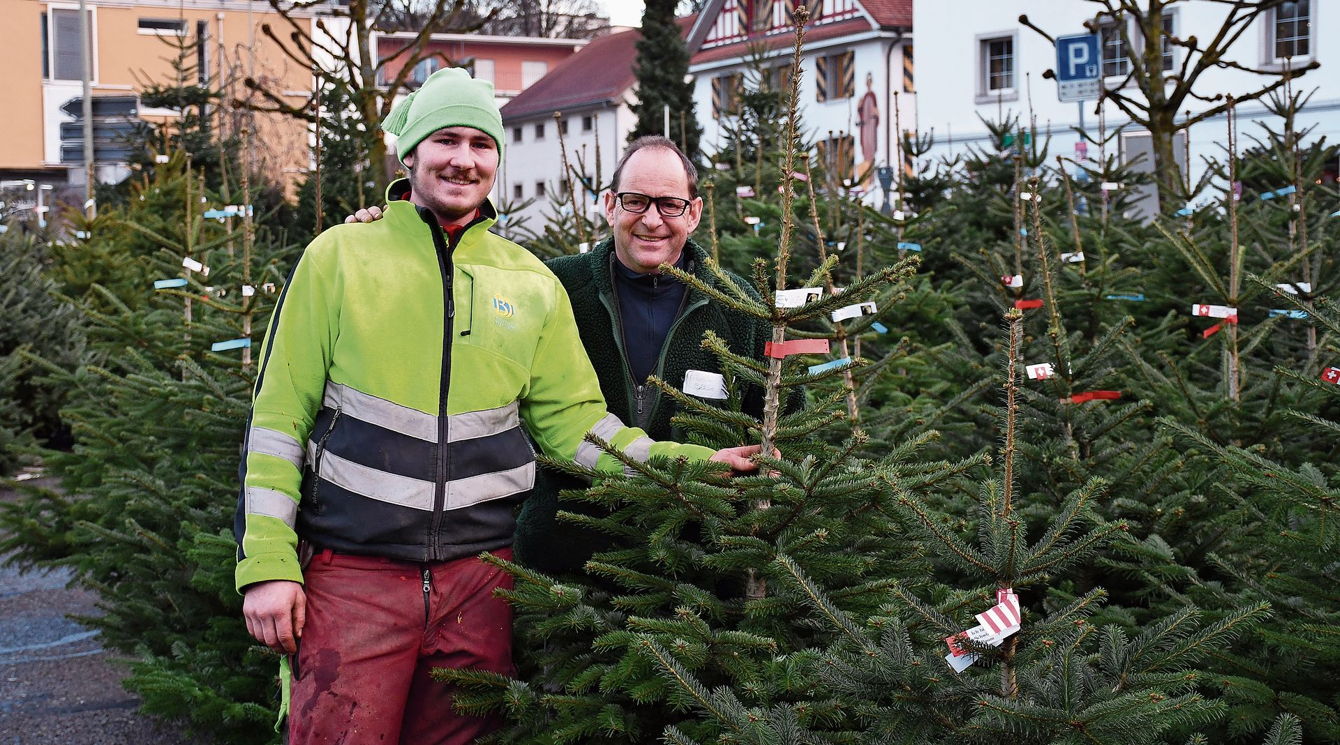 Reto und Bruno Fankhauser zwischen den Christbäumen auf dem Kronenplatz in Affoltern. (Bild Dominik Stierli) Reto und Bruno Fankhauser zwischen den Christbäumen auf dem Kronenplatz in Affoltern. (Bild Dominik Stierli)
