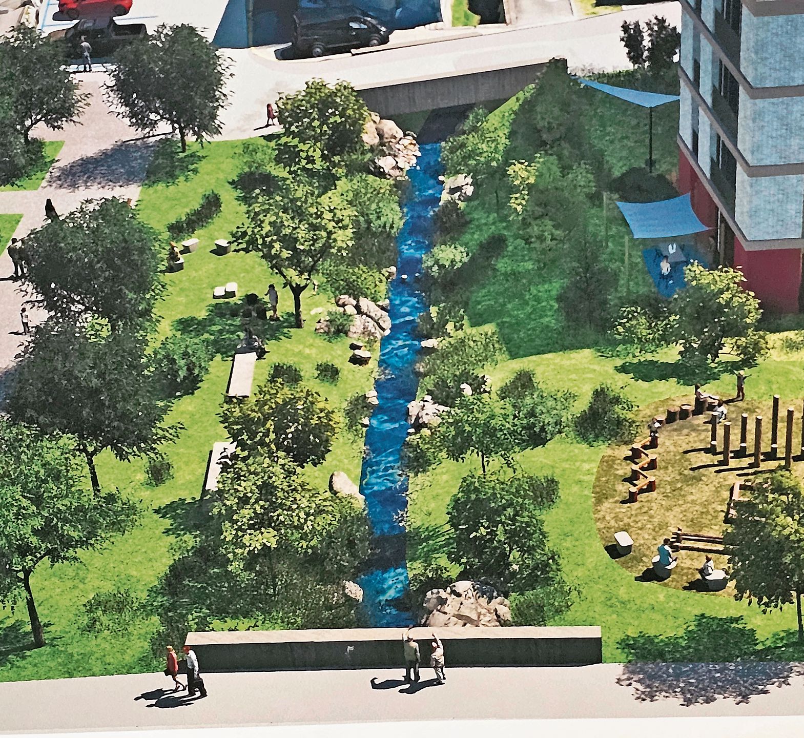 In Hedingen soll entlang des Dorfbachs zwischen Kratzstrasse und Bahnhofplatz ein Dorfplatz entstehen. (Bild zvg) In Hedingen soll entlang des Dorfbachs zwischen Kratzstrasse und Bahnhofplatz ein Dorfplatz entstehen. (Bild zvg)