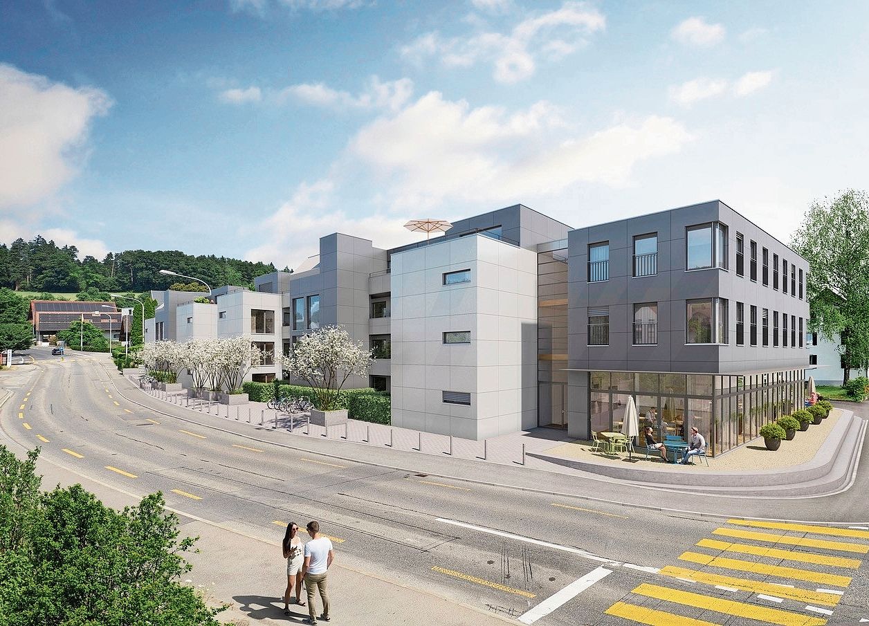 Visualisierung der Überbauung «Am Schliffibach» zwischen Dorfstrasse und Schliffiweg.(Visulalisierung entreé Generalunternehmung)