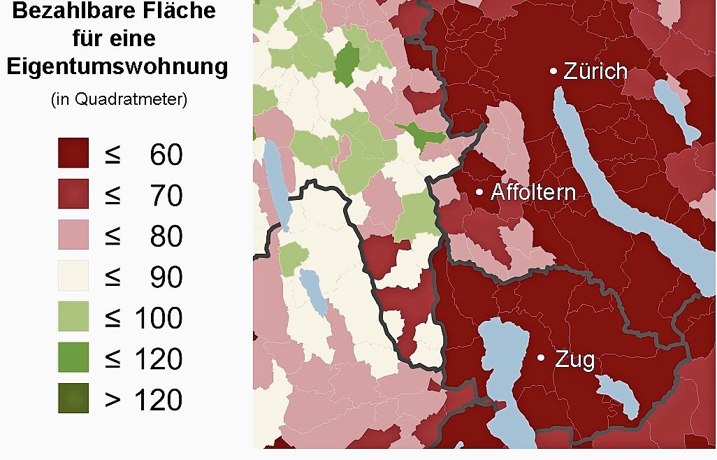 Mit einem durchschnittlichen lokalen Einkommen kann man sich nur noch in 17 Prozent der Schweizer Gemeinden eine qualitativ hochwertige Eigentumswohnung von 100 Quadratmetern leisten. Im Säuliamt reicht es – statistisch - nur für Flächen bis max Mit einem durchschnittlichen lokalen Einkommen kann man sich nur noch in 17 Prozent der Schweizer Gemeinden eine qualitativ hochwertige Eigentumswohnung von 100 Quadratmetern leisten. Im Säuliamt reicht es – statistisch - nur für Flächen bis maximal 80 Quadratmeter, je nach Gemeinde sogar nur für 60 oder 70 Quadratmeter, so die UBS. Quellen: ESTV, Wüest Partner, UBS. (Bild Grafik: UBS, dv)