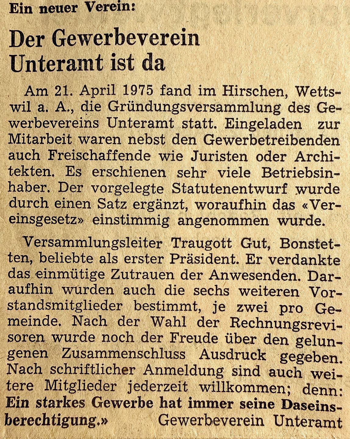 Notiz im «Affolter Anzeiger» zur Gründung des Gewerbevereins Unteramt. (Bild zvg) Notiz im «Affolter Anzeiger» zur Gründung des Gewerbevereins Unteramt. (Bild zvg)
