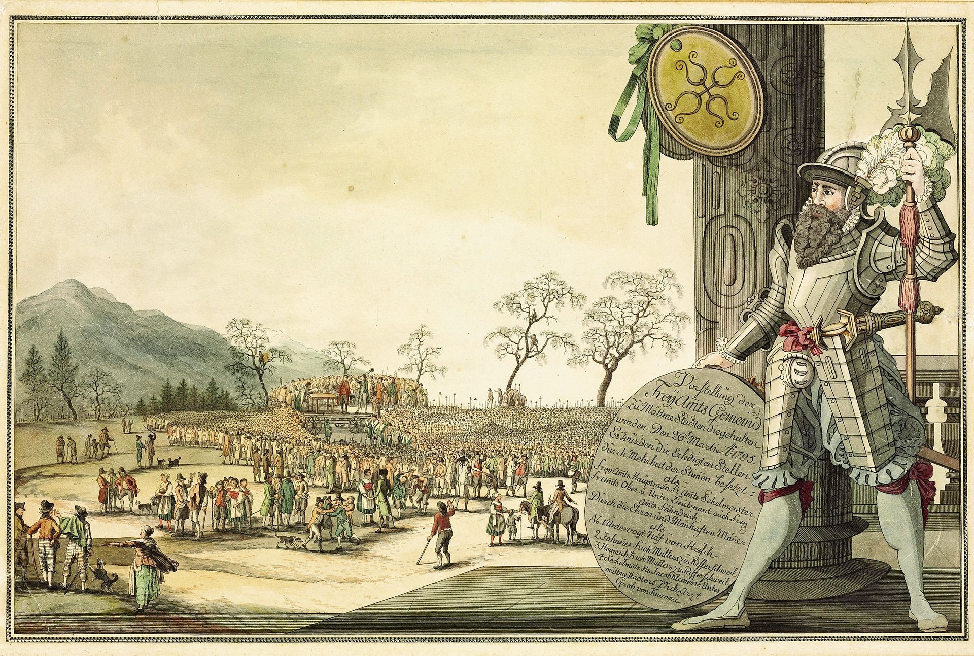 Zeitgenössische Darstellung der Freiamtsgemeinde in Mettmenstetten von 1795 von Johann Jakob Aschmann. Mit einer pragmatischen Haltung konnten die Männer der Landvogtei Knonau einen Krieg mit der Zürcher Herrschaft verhindern. Sie verfügten zwar Zeitgenössische Darstellung der Freiamtsgemeinde in Mettmenstetten von 1795 von Johann Jakob Aschmann. Mit einer pragmatischen Haltung konnten die Männer der Landvogtei Knonau einen Krieg mit der Zürcher Herrschaft verhindern. Sie verfügten zwar über gewisse Rechte, aber ihre Freiheit ging nur so weit, wie Zürich akzeptierte. (Bild Sammlung Landesmuseum LM-61494)