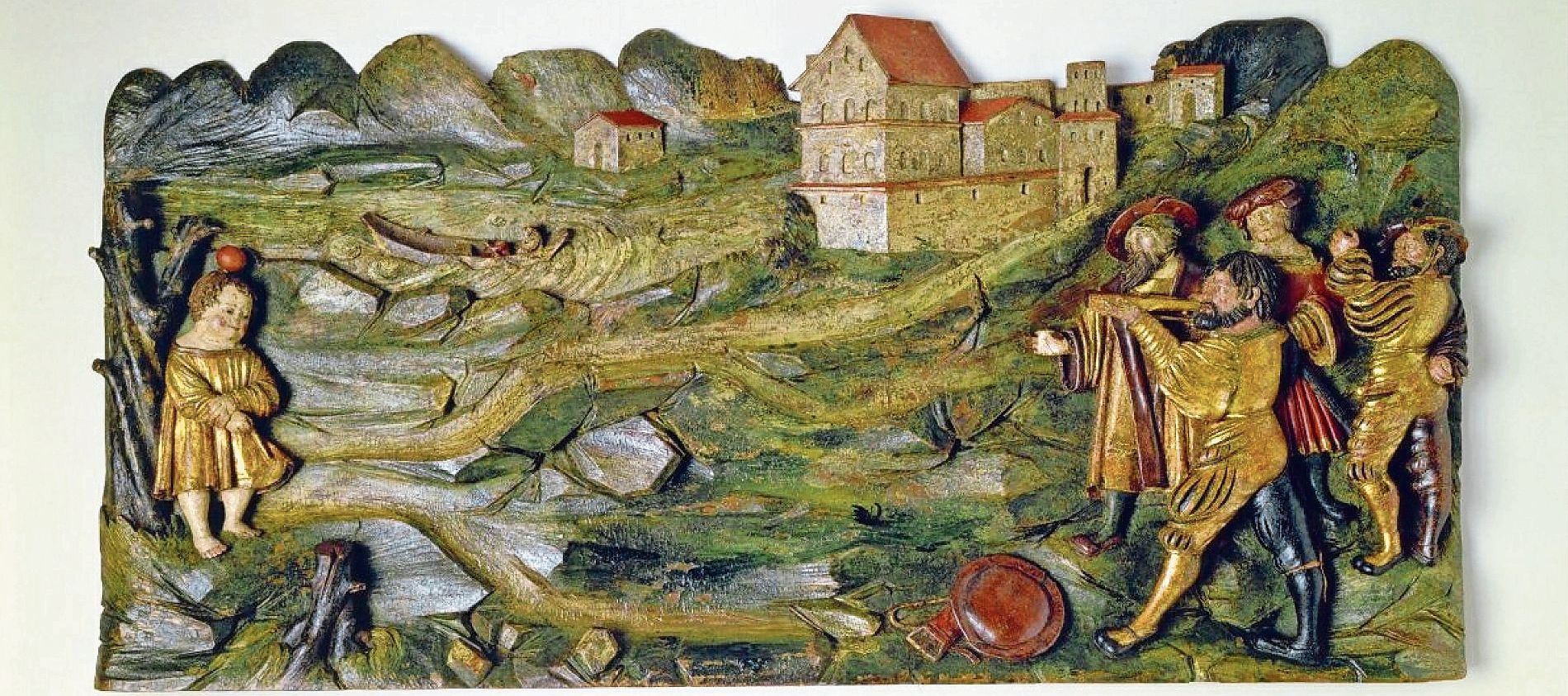 Die älteste bekannte Darstellung von Tells Apfelschuss wird dem Luzerner Hans Küng zugeschrieben und dürfte um 1523 entstanden sein. Gemeinsame Sagen wie diese stärkten das Gemeinschaftsgefühl zwischen den eidgenössischen Orten ebenso wie die A Die älteste bekannte Darstellung von Tells Apfelschuss wird dem Luzerner Hans Küng zugeschrieben und dürfte um 1523 entstanden sein. Gemeinsame Sagen wie diese stärkten das Gemeinschaftsgefühl zwischen den eidgenössischen Orten ebenso wie die Abgrenzung gegen die süddeutschen Landsknechte. Mit Landfriedensverträgen sicherten sie ihre Herrschaft gegenseitig ab. (Bild Sammlung Landesmuseum DEP-2448)