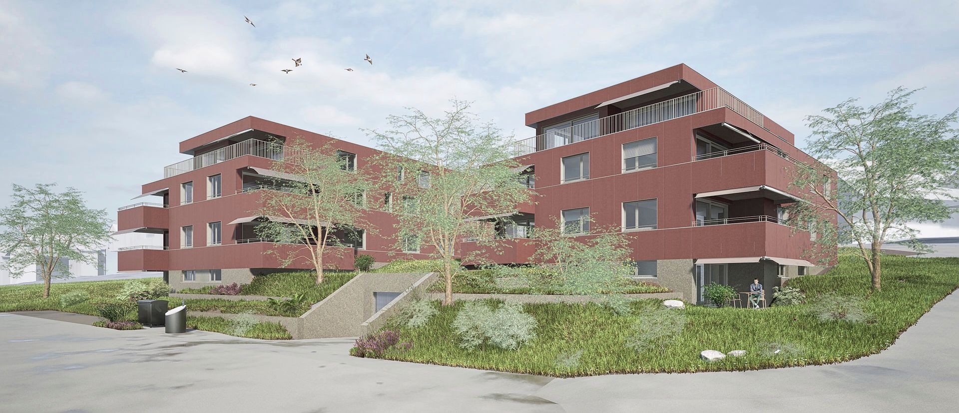 Visualisierung von den zwei Mehrfamilienhäusern «Grundreben» – im Bau in Mettmenstetten.