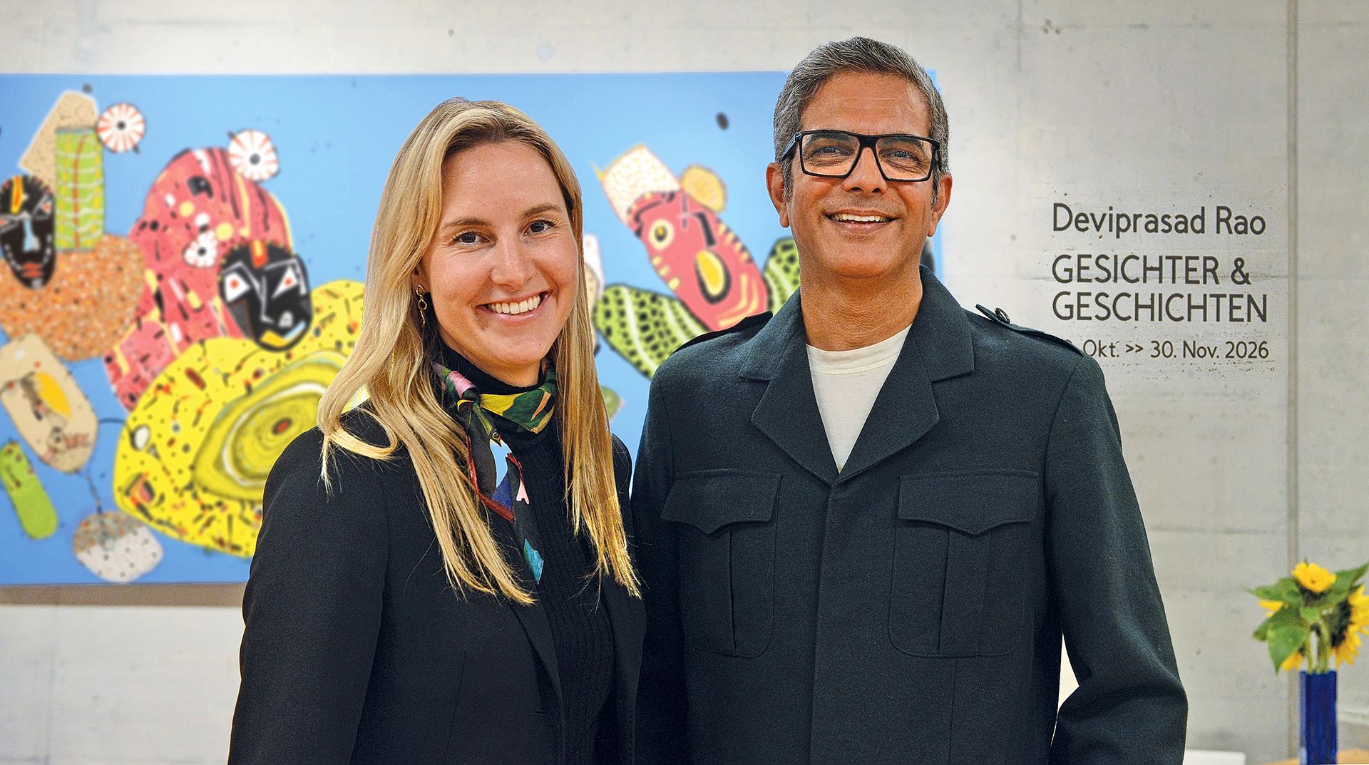 Die Moderatorin und der Künstler: Eva Kramer und Deviprasad Rao vor dem Bild «Die Hüter der Inseln». (Bilder Erika Schmid) Die Moderatorin und der Künstler: Eva Kramer und Deviprasad Rao vor dem Bild «Die Hüter der Inseln». (Bilder Erika Schmid)