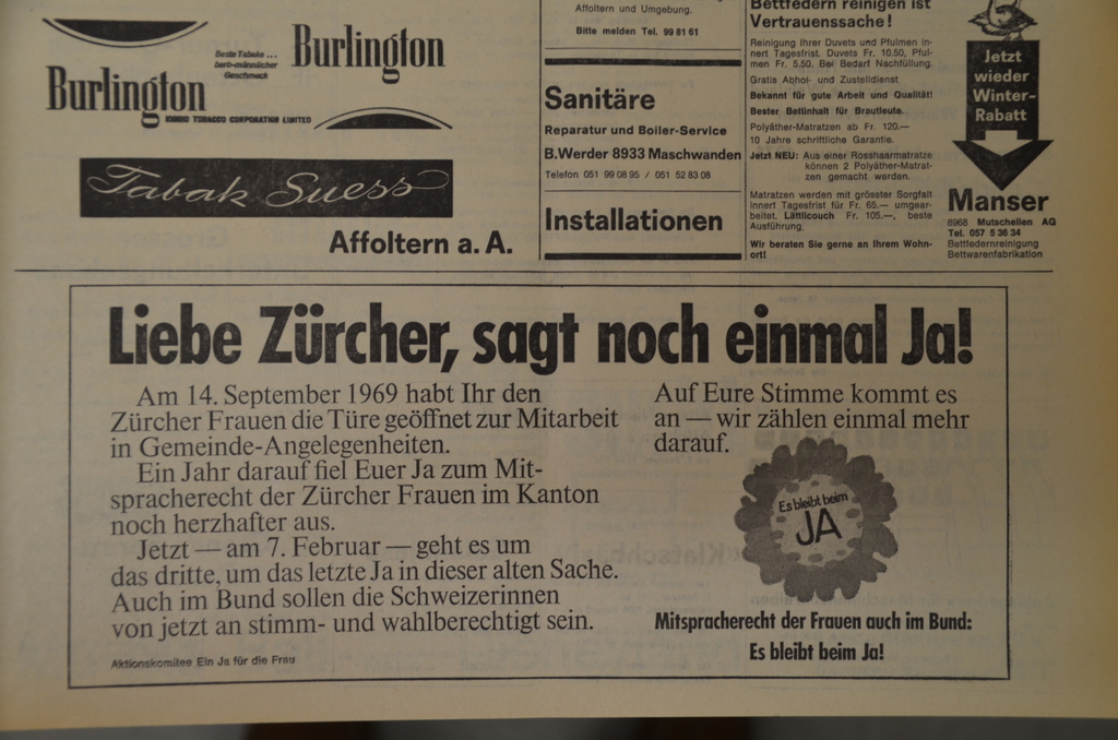 Erfolgskampagne vor dem Urnengang vom 7. Februar 1971. 