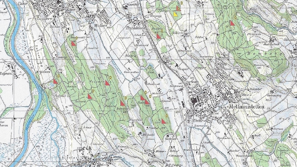 Die mit roten Dreiecken auf der Karte markierten Gebiete zwischen Obfelden und Maschwanden waren besonders stark vom Befall des Fichtenborkenkäfers betroffen. (Grafik Flurin Farrer) Die mit roten Dreiecken auf der Karte markierten Gebiete zwischen Obfelden und Maschwanden waren besonders stark vom Befall des Fichtenborkenkäfers betroffen. (Grafik Flurin Farrer)