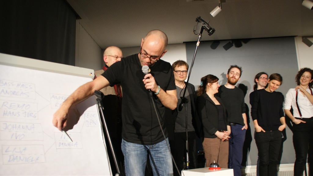 Moderator Simon Chen analysiert das Cup-Tableau. Im Hintergrund die Slammer, von rechts: Johanna Reiter, Daniela Dill, Ivo Engeler, Remo Zumstein, Lisa Brunner, Andreas Kessler und Hans Jürg Zingg. (Bilder Thomas Stöckli) Moderator Simon Chen analysiert das Cup-Tableau. Im Hintergrund die Slammer, von rechts: Johanna Reiter, Daniela Dill, Ivo Engeler, Remo Zumstein, Lisa Brunner, Andreas Kessler und Hans Jürg Zingg. (Bilder Thomas Stöckli)